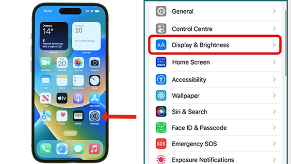 Truy cập vào ứng dụng Cài đặt và chọn “Màn hình và Độ sáng” trên iPhone 14 Pro và iPhone 14 Pro Max